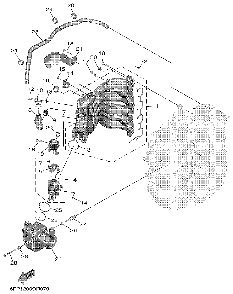 Yamaha F80DET, F100FET INTAKE 1 parts diagram